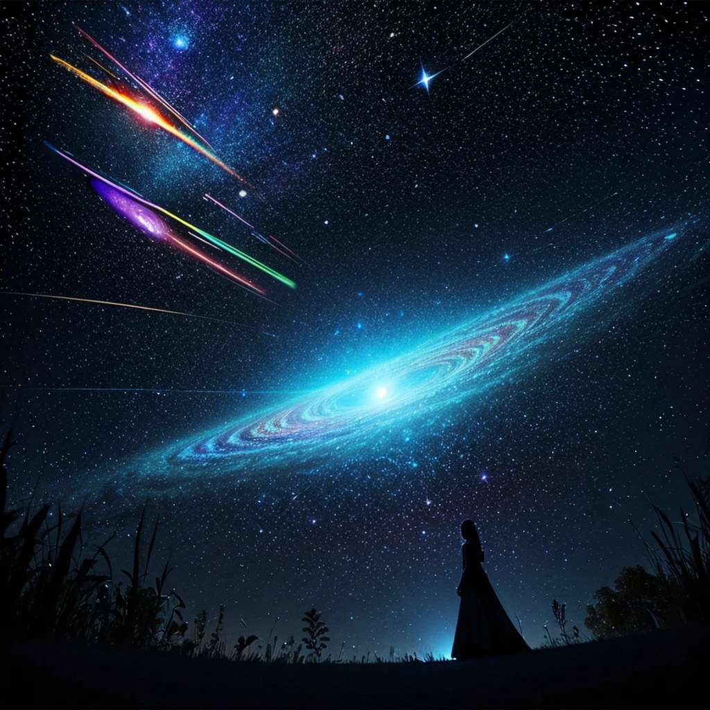 dark deep universe,Blacklight draws a path to the center of the frame, Hejig, vibrant with colors, a 3D render, meteorite,heavenly body,black hole,Glare,1 girl, in the universe starry sky,(black light art drawing:1.5)