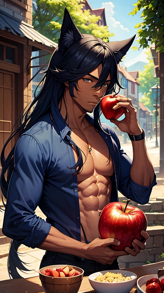 a handsome black man with a fit physique, long blue hair, feline ears, front view, in a village setting, eating an apple, 4k, high detail, best quality, masterpiece