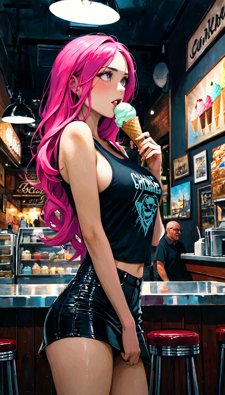 Sexy girl, long pink hair, tight miniskirt, plain tank top, big nipples, holding an ice cream in an ice cream shop oil painting, chiaroscuro, sensual, dramatic lighting, moody atmosphere, photorealistic, intricate details, masterpiece, ultra-detailed, high quality, 8k, best quality, realistic, cinematic, dark and brooding, expressionistic, powerful composition, emotional impact, Bill Sienkiewicz inspired art
