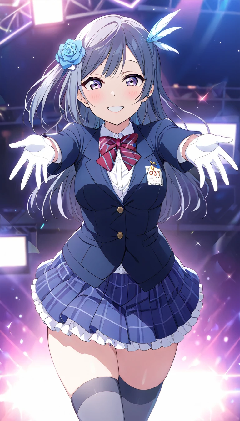 masterpiece, best quality, one side up, feather hair ornament, hair flower, white gloves, legwear, thighhighs,  (1girl), (solo), otonokizaka ,winter uniform, red striped bow tie, navy blue blazer, blue striped pleated skirt,from front, on live stage,standing,spread arms ,smile,spot brilliant light,BREAK score_9, score_8_up, score_7_up, score_6_up, source_anime 