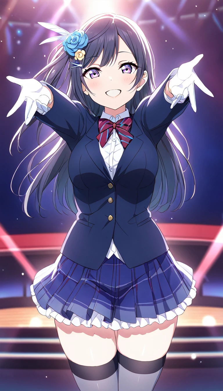 masterpiece, best quality, one side up, feather hair ornament, hair flower, white gloves, legwear, thighhighs,  (1girl), (solo), otonokizaka ,winter uniform, red striped bow tie, navy blue blazer, blue striped pleated skirt,from front, on live stage,standing,spread arms ,smile,spot brilliant light,BREAK score_9, score_8_up, score_7_up, score_6_up, source_anime 