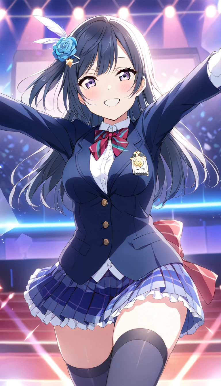 masterpiece, best quality, one side up, feather hair ornament, hair flower, white gloves, legwear, thighhighs,  (1girl), (solo), otonokizaka ,winter uniform, red striped bow tie, navy blue blazer, blue striped pleated skirt,from front, on live stage,standing,spread arms ,smile,spot brilliant light,BREAK score_9, score_8_up, score_7_up, score_6_up, source_anime 