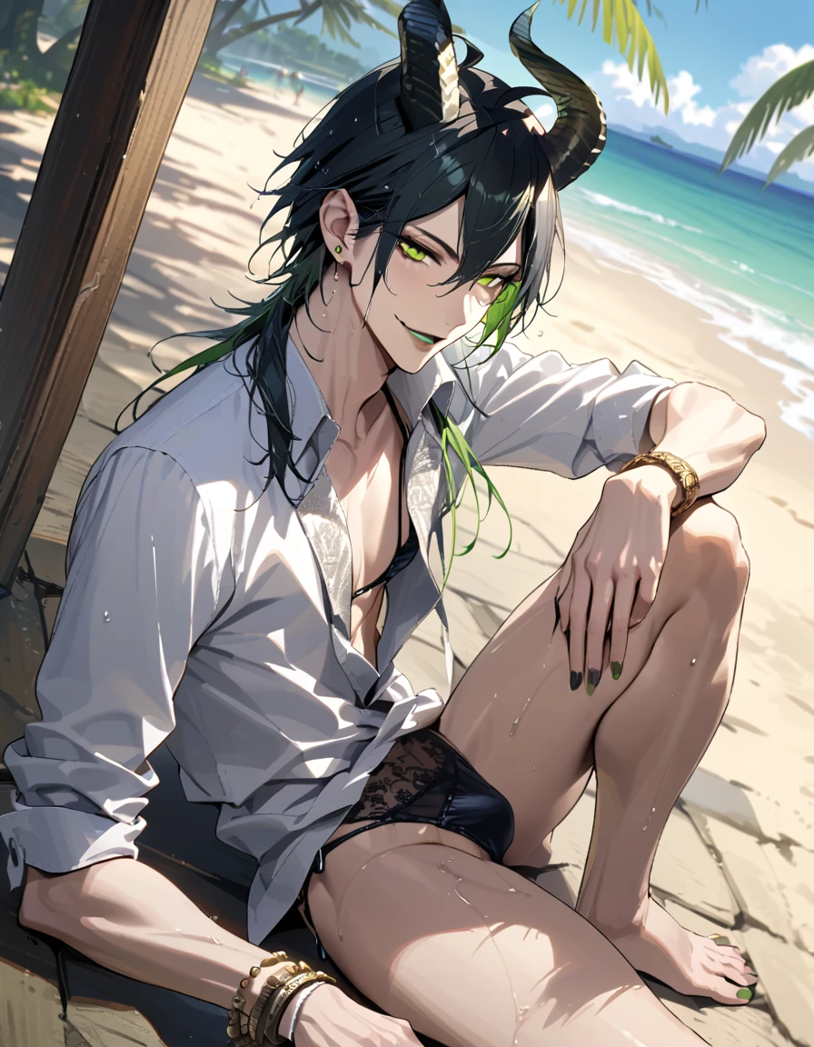 masterpiece, highres, absurdres, illustration, ((masterpiece:1.4, best quality)), (Ultra detailed background), 1boy, handsome man, highly detailed beautiful face and eyes, beautiful eyes, (sharp detail:1.3), shiny, earrings, bracelet, (wet bikini:1.3), Bari, Cebu Island, plumeria, near the beach, 1boy, sitting on floor, dynamic angle, full body, malleus draconia (twisted wonderland) horns, bishounen, boy, male, yana Toboso style, long hair, black hair, yellow green eyes, smile, gray lips, handsome, skinny, tall, yellow green glow,AddXL