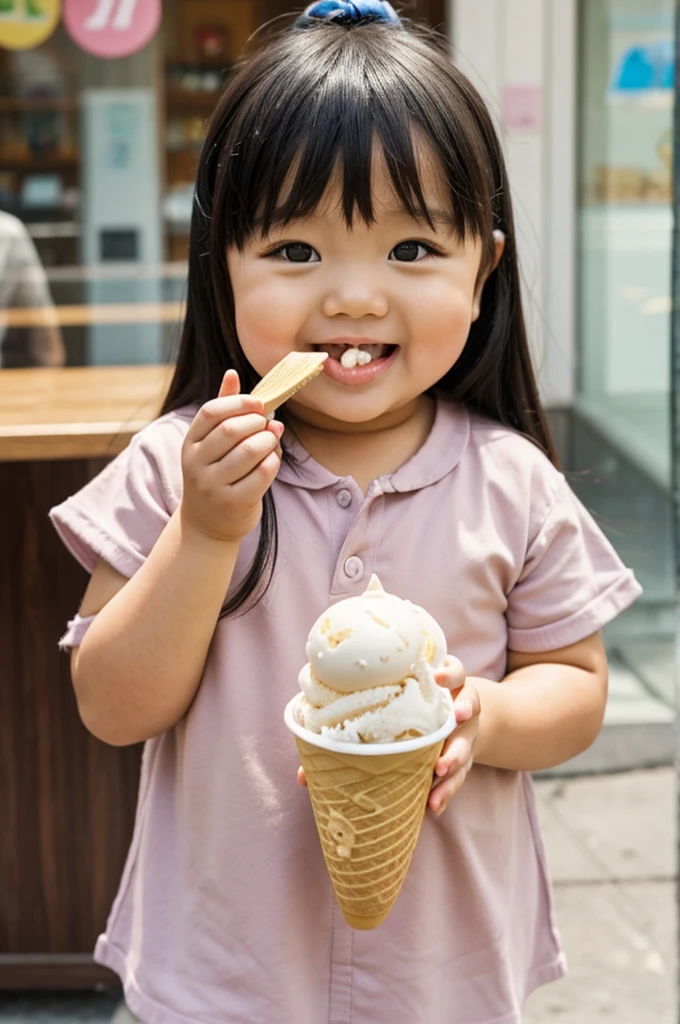 Little chubby Asian girl eating ice cream