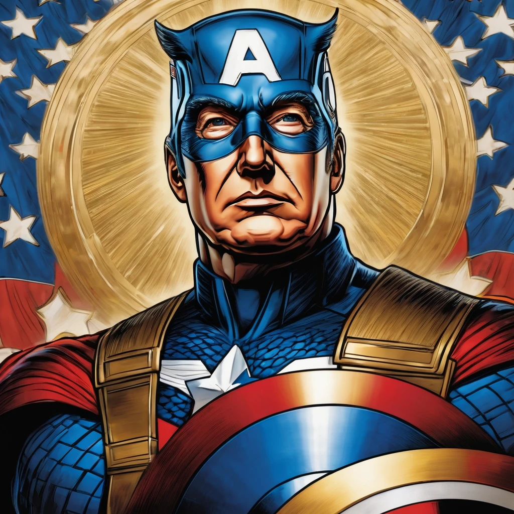 I want an art of Donald trump in blue gold with a red and gold background The image must focus on Donald trump costume captain america without full body helmet with walls or buildings in the background..