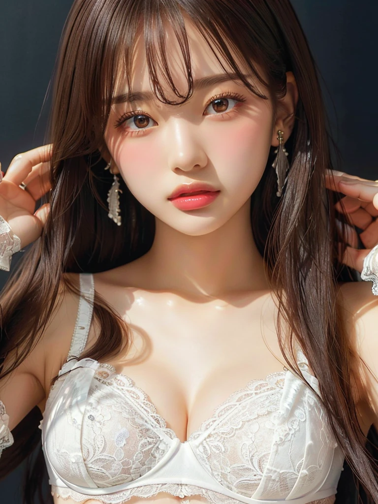 Black background、(((Mid-shot photo 1.5)))、 Highest quality, figure, Very detailed, In detail, High resolution, 8k wallpaper, Perfect dynamic composition, ((Apply full make-up to the face:1.2)), Beautiful attention to detail, Black cloth, Black cloth with chiffon lace, See-throughショルダースリーブ, Sexy Face, Bright light in the background、(((White lace bra 1.5)))、High leg、See-through、Mid-length hair、Loose wavy hair、Earrings、