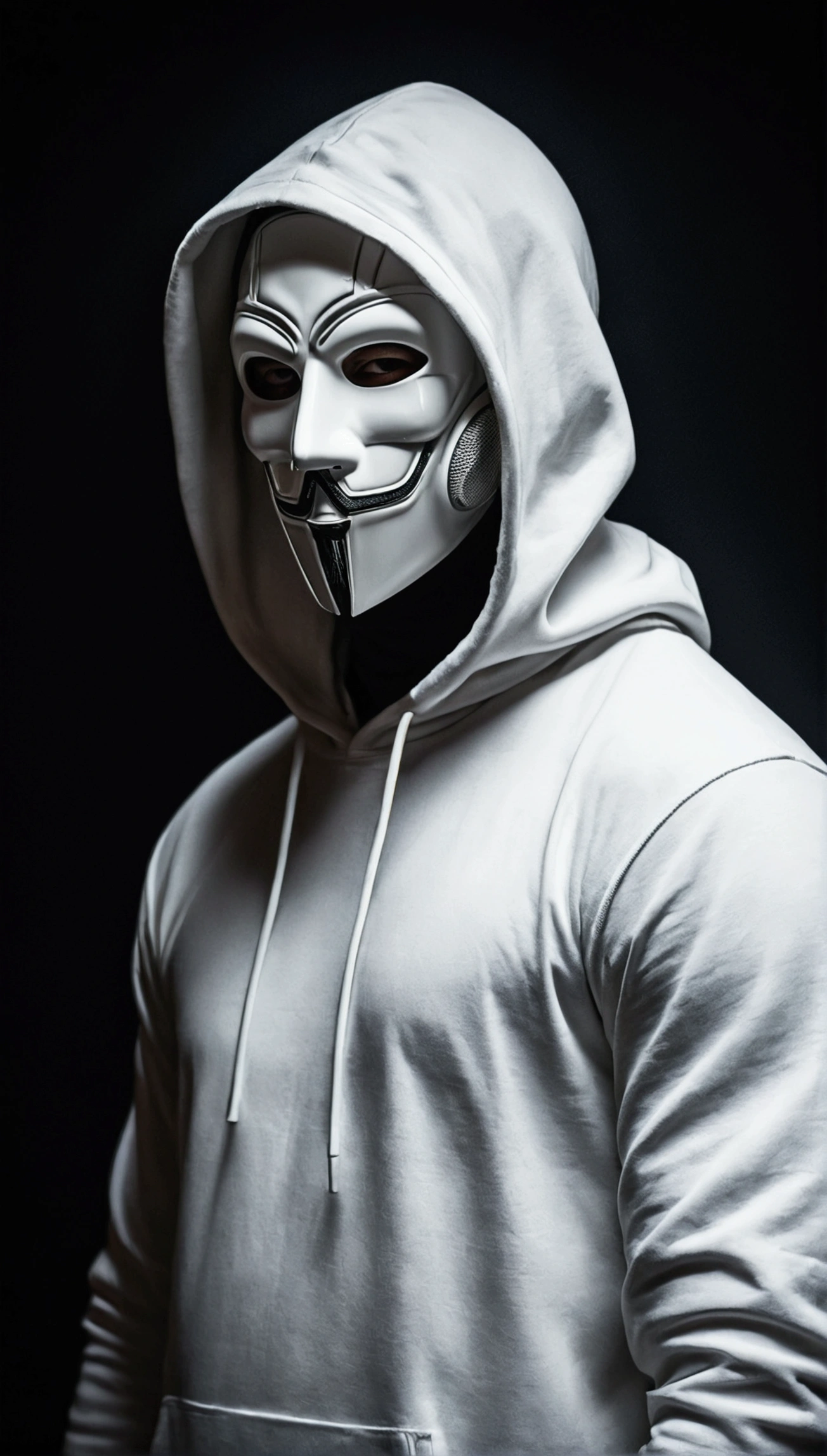 In a frontal pose, a mysterious man stands against a dark and mysterious background. His white hood and mask give him an air of secrecy., while your headphones suggest the music that keeps you company in this dark world.
INFO
