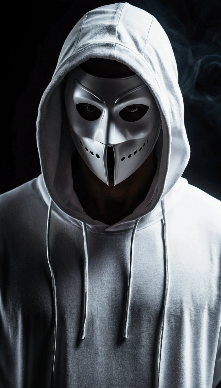 In a frontal pose, a mysterious man stands against a dark and mysterious background. His white hood and mask give him an air of secrecy., while your headphones suggest the music that keeps you company in this dark world.
INFO