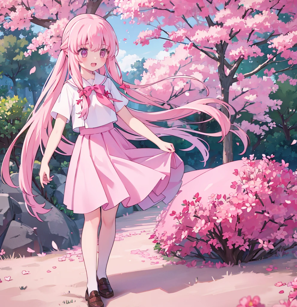 1girl solo pink hair, pink eyes with love, detailed eyes, straight hair, long hair, straight bangs, shiny hair,
,red bowtie,purple skirt,purple shirt,pleated skirt,short sleeves,looking at the bottom, laughter , open mouth, pink sakura trees and pink grass, in the middle of the sakura trees, walking around in the pink grass with pink flower petals on the ground high-definition,masterpiece, masterpiece, best quality, high resolution, aabeta, double, slim waist, cute, sailor uniform, sweet cute smile, open mouth smile (PastelColors: 1.3)