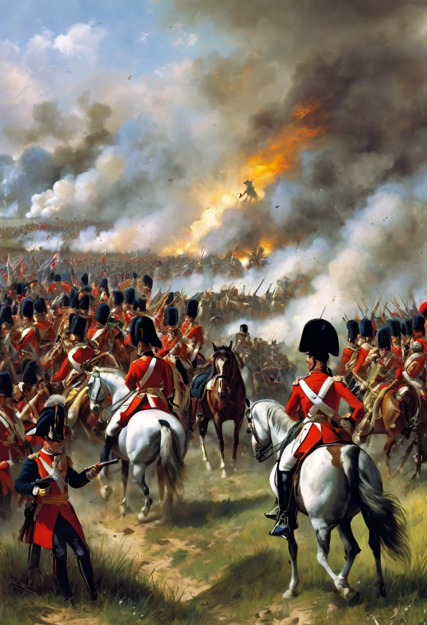 Create a representative image of the Napoleonic Wars, highlighting a famous battle like Austerlitz, Waterloo, or the invasion of Russia. The main scene should include Napoleon Bonaparte leading his troops in the center of the image, with uniformed soldiers of the time in combat in the background. Add historical maps showing troop movements and flags of the countries involved, like France, Russia and England, to provide historical context. Use lighting and shadow effects to add depth and realism to the image. Insert the title “Napoleonic Wars” at the top of the image, together with the dates and locations of the battles depicted. Consider adding a brief description or caption to provide more context. To create this image, you can use tools like Canva for quick and easy creation with templates, Adobe Photoshop ou Illustrator para designs mais avançados, or GIMP as a free alternative to Photoshop. Use visual aids, like images of soldiers, campaign maps and battle paintings, to enrich the composition.