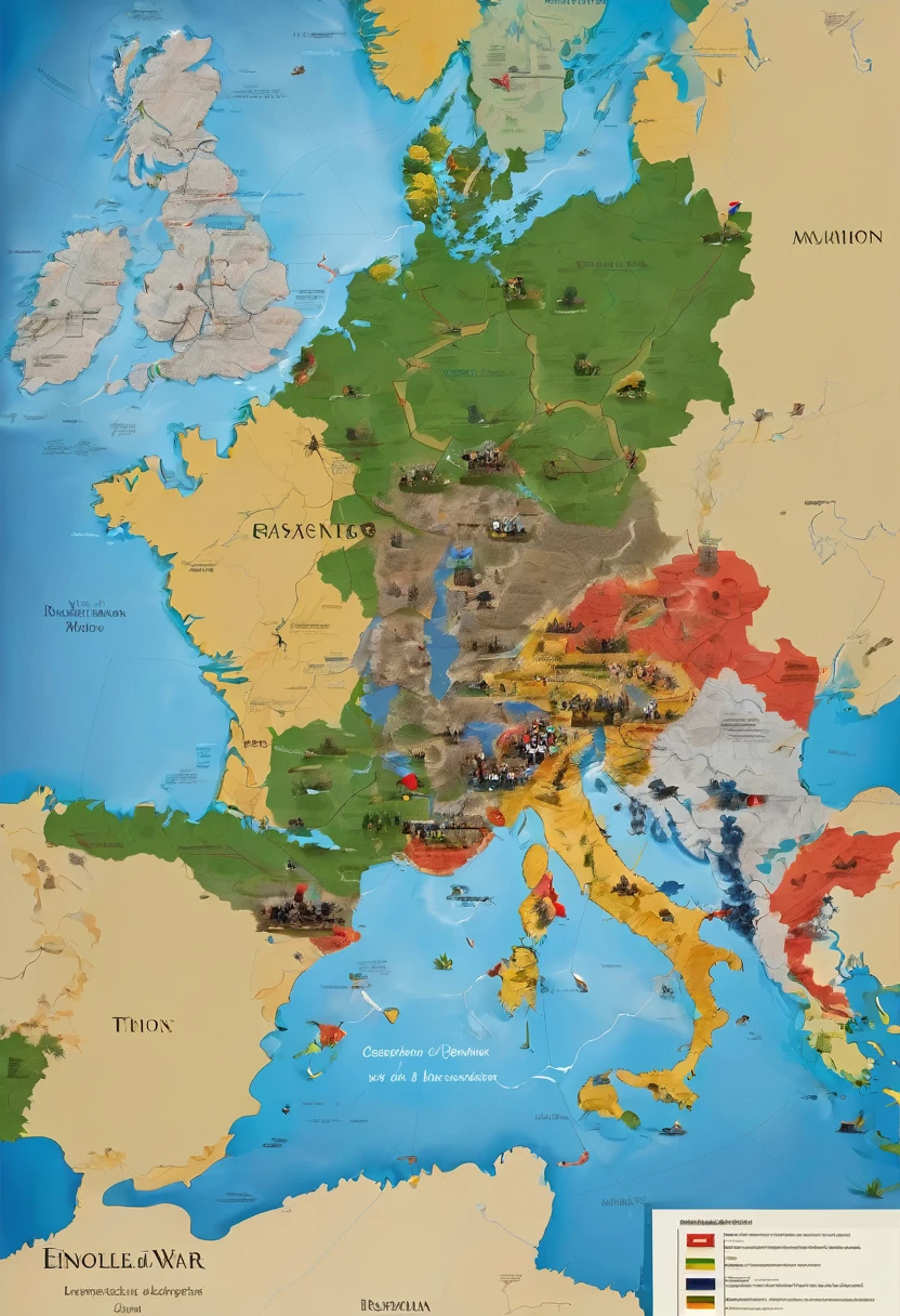 Create a representative image of the Napoleonic Wars, highlighting a famous battle like Austerlitz, Waterloo, or the invasion of Russia. The main scene should include Napoleon Bonaparte leading his troops in the center of the image, with uniformed soldiers of the time in combat in the background. Add historical maps showing troop movements and flags of the countries involved, like France, Russia and England, to provide historical context. Use lighting and shadow effects to add depth and realism to the image. Insert the title “Napoleonic Wars” at the top of the image, together with the dates and locations of the battles depicted. Consider adding a brief description or caption to provide more context. To create this image, you can use tools like Canva for quick and easy creation with templates, Adobe Photoshop ou Illustrator para designs mais avançados, or GIMP as a free alternative to Photoshop. Use visual aids, like images of soldiers, campaign maps and battle paintings, to enrich the composition.