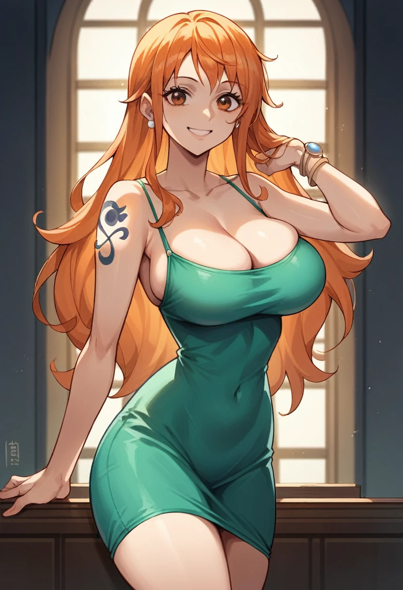 score_9, score_8_up, score_7_up, source_anime, best quality, clear face, Nami, orange hair, long hair, orange eyes, large breasts, perfect body, standing, looking at viewer, smile, cleavage, tight dress,clothes, thighs, gorgeous room, lighting, hotel, lift breast, support breast