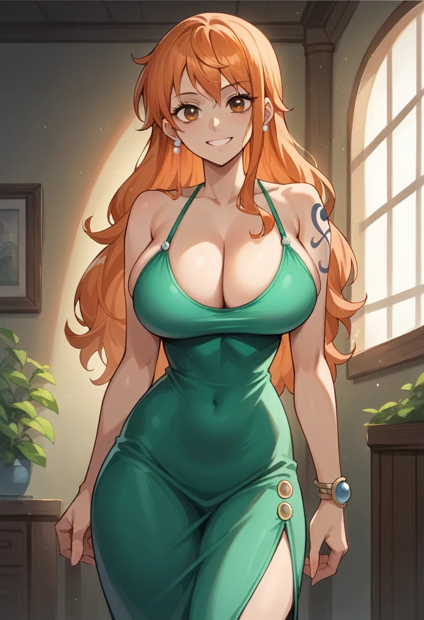 score_9, score_8_up, score_7_up, source_anime, best quality, clear face, Nami, orange hair, long hair, orange eyes, large breasts, perfect body, standing, looking at viewer, smile, cleavage, tight dress,clothes, thighs, gorgeous room, lighting, hotel, lift breast, support breast