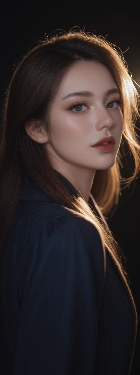 cinematic film, Realistic photograph,realistic, score_9, score_8_up, score_7_up, score_6_up,
1girl, solo, from front, upper body, Singed \(league of legends\), black background, makeup, sidelighting, backlighting, glowing,