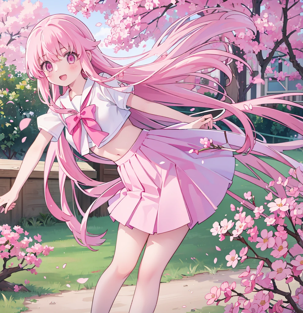 1girl solo pink hair, pink eyes with love, detailed eyes, straight hair, long hair, straight bangs, shiny hair,
,red bowtie,purple skirt,purple shirt,pleated skirt,short sleeves,looking at the bottom, laughter , open mouth, pink sakura trees and pink grass, in the middle of the sakura trees, walking around in the pink grass with pink flower petals on the ground high-definition,masterpiece, masterpiece, best quality, high resolution, aabeta, double, slim waist, cute, sailor uniform, sweet cute smile, open mouth smile (PastelColors: 1.3)