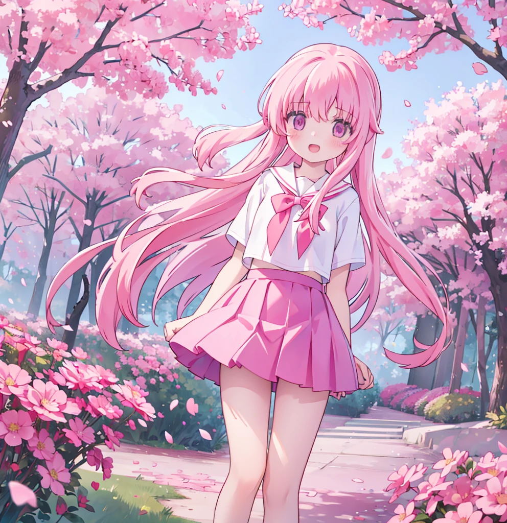 1girl solo pink hair, pink eyes with love, detailed eyes, straight hair, long hair, straight bangs, shiny hair,
,red bowtie,purple skirt,purple shirt,pleated skirt,short sleeves,looking at the bottom, laughter , open mouth, pink sakura trees and pink grass, in the middle of the sakura trees, walking around in the pink grass with pink flower petals on the ground high-definition,masterpiece, masterpiece, best quality, high resolution, aabeta, double, slim waist, cute, sailor uniform, sweet cute smile, open mouth smile (PastelColors: 1.3)