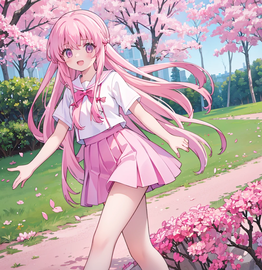 1girl solo pink hair, pink eyes with love, detailed eyes, straight hair, long hair, straight bangs, shiny hair,
,red bowtie,purple skirt,purple shirt,pleated skirt,short sleeves,looking at the bottom, laughter , open mouth, pink sakura trees and pink grass, in the middle of the sakura trees, walking around in the pink grass with pink flower petals on the ground high-definition,masterpiece, masterpiece, best quality, high resolution, aabeta, double, slim waist, cute, sailor uniform, sweet cute smile, open mouth smile (PastelColors: 1.3)