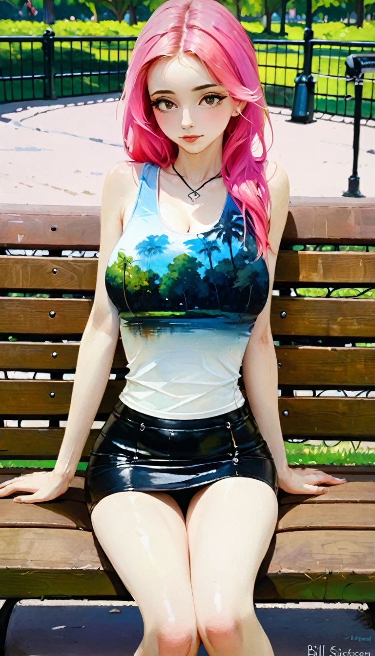 Sexy girl, long pink hair, tight miniskirt, plain tank top, prominent nipples, sitting in sexy pose on a park bench (art inspired by Bill Sienkiewicz). oil painting)