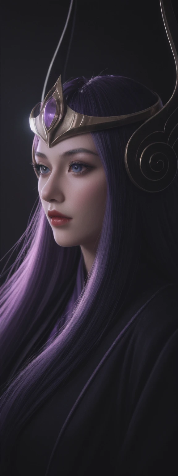 cinematic film, Realistic photograph,realistic, score_9, score_8_up, score_7_up, score_6_up, 
1girl, solo, from front,upper body, Syndra \(league of legends\),  black background, makeup, sidelighting, backlighting, glowing,