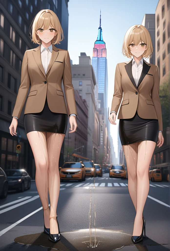 ((best quality)), ((masterpiece)), ((ultra realistic)), (dynamic sexy pose), german, beautiful detailed face, detailed eyes, sexy model, dressed in a brown suit, pencil skirt, new york city backdrop, highly detailed, professional, bare legs, (full body), standing, blonde hair, medium hair, hazel eyes, matching shoes, cowboy shot,wetting herself:2.0),