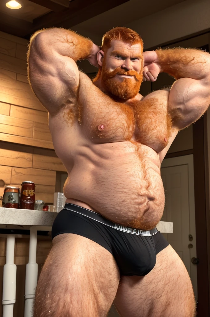 very hairy, rugged ginger daddy flexing his arms ((Sweaty)) ((Hairy)) ((Thick, full, curly ginger body hair all over)) ((Thick, excessive ginger  hair)) ((Curly, full  and torso hair)) ((Thick, full, ginger happy trail of hair all over his abs)) ((Late 40s)) ((Extremely handsome)) ((Square jaw)) ((Sweating)) ((Smiling menacingly)) ((wearing black )) ((black briefs)) ((Excessive ginger body hair)) ((Buzz cut)) ((Extremely realistic)) (( glare)) ((Unibrow)) ((ginger unibrow)) ((caveman brow bone)) ((ginger handlebar moustache)) ((head to toe)) ((full body)) ((hairier)) ((more hair)) ((ape)) ((more body hair)) ((extreme body hair)) ((fur)) ((dad bod)) ((ginger)) ((black briefs)) (()) ((thick, ginger armpit hair)) ((clothed)) ((flexing arms)) ((flexing biceps)) ((buzz cut)) ((buzz cut)) ((older)) ((buzzed head)) ((no beard)) ((moustache only)) ((shaved chin)) ((gut)) ((beer gut)) ((dad bod)) ((pregnant))