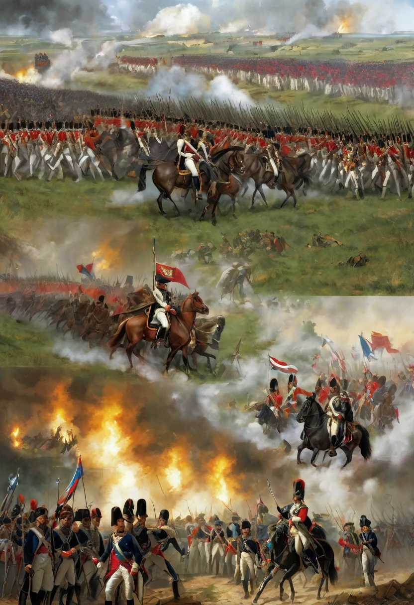 Create an image representative of the Napoleonic Wars, highlighting a famous battle like Austerlitz, Waterloo, or the invasion of Russia. The main scene should include Napoleon Bonaparte leading his troops in the center of the image, with uniformed soldiers of the time in combat in the background. Add historical maps showing troop movements and flags of the countries involved, such as France, Russia, and England, to provide historical context. Use lighting and shadow effects to give depth and realism to the image. Insert the title “Napoleonic Wars” at the top of the image, along with the dates and locations of the battles depicted. Consider adding a brief description or caption to provide more context. To create this image, you can use tools like Canva for quick and easy creation with templates, Adobe Photoshop or Illustrator for more advanced designs, or GIMP as a free alternative to Photoshop. Use visual resources, such as images of soldiers, campaign maps and battle paintings, to enrich the composition.