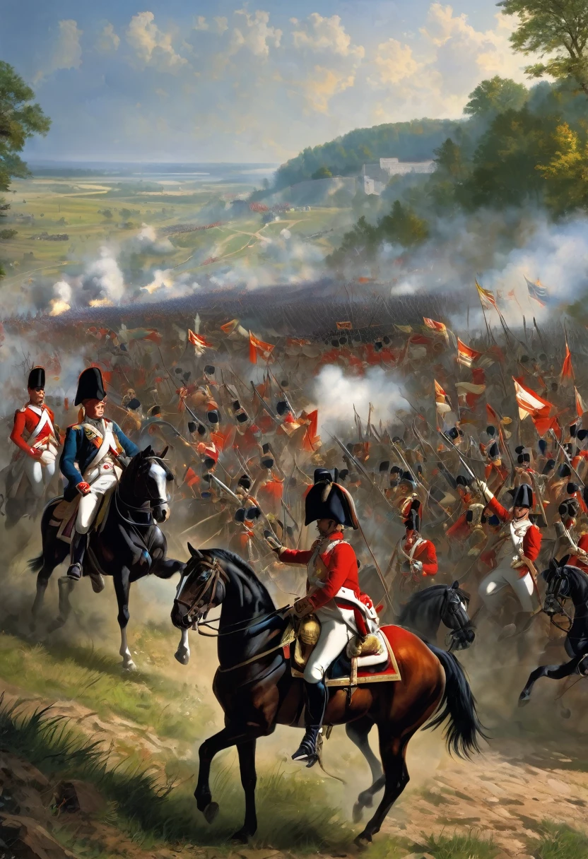 Create an image representative of the Napoleonic Wars, highlighting a famous battle like Austerlitz, Waterloo, or the invasion of Russia. The main scene should include Napoleon Bonaparte leading his troops in the center of the image, with uniformed soldiers of the time in combat in the background. Add historical maps showing troop movements and flags of the countries involved, such as France, Russia, and England, to provide historical context. Use lighting and shadow effects to give depth and realism to the image. Insert the title “Napoleonic Wars” at the top of the image, along with the dates and locations of the battles depicted. Consider adding a brief description or caption to provide more context. To create this image, you can use tools like Canva for quick and easy creation with templates, Adobe Photoshop or Illustrator for more advanced designs, or GIMP as a free alternative to Photoshop. Use visual resources, such as images of soldiers, campaign maps and battle paintings, to enrich the composition.