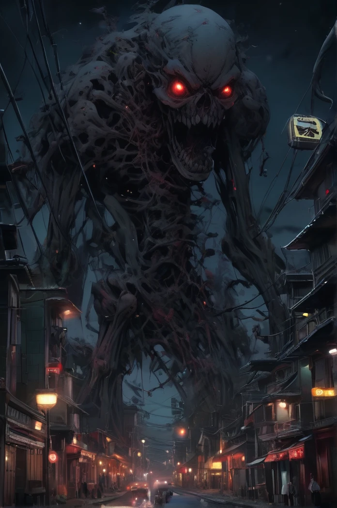 4k、Super Resolution、Aerial view of a small Japanese town at night、A gigantic skeletal monster with no lower body、Distinct bones、Red eyes、Shallow depth of field, Vignette, Very detailed, High budget, Bokeh, CinemaScope, Sulky, amazing, nice, Film Grain, granular . Creepy, Anxious, dark, Creepyな, Suspenseful, strict, Very detailed