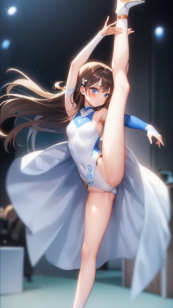 1girl, long hair, brown hair, leotard, blue eyes, solo, standing on one leg, standing, white footwear, leg up, ice skates, hair ornament, athletic leotard, blush, legs, white leotard, detached sleeves