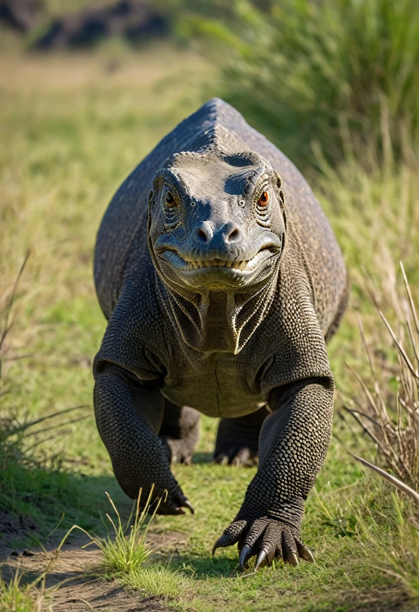 Komodo is walking in the grassland with steady steps, sniffing the morning air to find prey.
Description: Komodo looks focused and alert, with its forked tongue sticking out to detect the smell of prey. The background shows a wide and beautiful grassland.
Style: dynamic, with a focus on the movement of Komodo dragons and the fresh natural atmosphere.