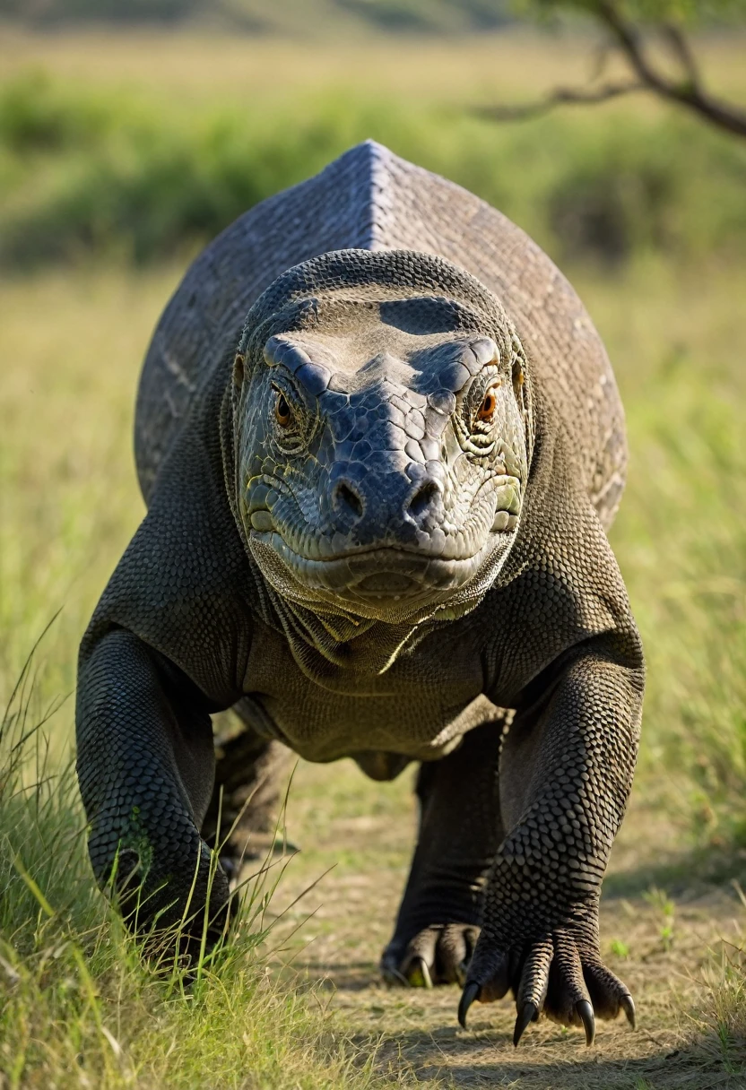 Komodo is walking in the grassland with steady steps, sniffing the morning air to find prey.
Description: Komodo looks focused and alert, with its forked tongue sticking out to detect the smell of prey. The background shows a wide and beautiful grassland.
Style: dynamic, with a focus on the movement of Komodo dragons and the fresh natural atmosphere.
