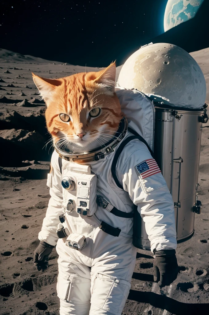 Orange cat in astronaut clothes on the moon with the earth behind 