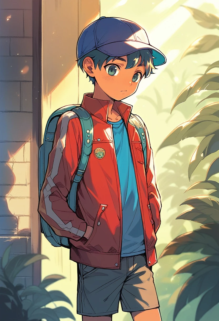 (((Masterpiece))), best quality, cowboy shot, perfect anatomy, realistic face, outdoors, sunny, warm sunlight, backlighting, dramatic lighting, painterly 1boy, (((shota))), wavy hair, solo, red jacket, three quarter view, cap, backpack, hand in pocket