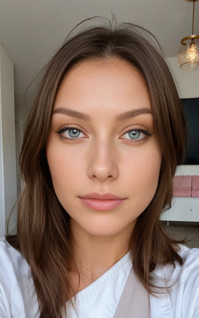 Belle brune portant un pull beige clair (Soins des ongles dans un salon de beauté moderne), très détaillé, 21 ans, visage innocent, cheveux ondulés naturels, yeux bleus, haute résolution, chef-d'ouvrages d'art, Meilleure qualité, détails complexes, très détaillé, mise au point nette, peau détaillée, Texture de peau réaliste, texture, yeux détaillés, professionnel,