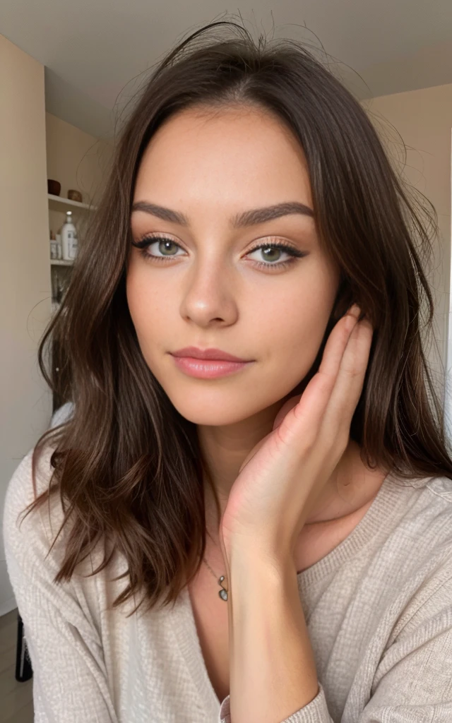 Belle brune portant un pull beige clair (Soins des ongles dans un salon de beauté moderne), très détaillé, 21 ans, visage innocent, cheveux ondulés naturels, yeux bleus, haute résolution, chef-d'ouvrages d'art, Meilleure qualité, détails complexes, très détaillé, mise au point nette, peau détaillée, Texture de peau réaliste, texture, yeux détaillés, professionnel,