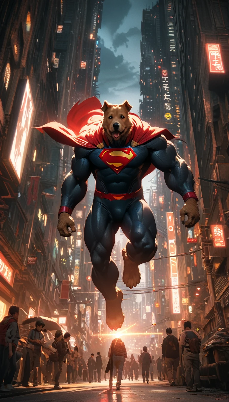 Low angle view，Looking up，Dog in Superman costume hovers over city，Canon EOS R5，Photo effects，Graininess，Glowing Effects，Super Fine，Ultra-realistic，Real light and shadow contrast，True ray tracing，True light falloff，True light reflection，Poodlepunk，Snapshot aesthetic style ， High Saturation，CG Art，  Beautiful anime scene, Anime Landscape, Detailed scenery, , Enhance Details