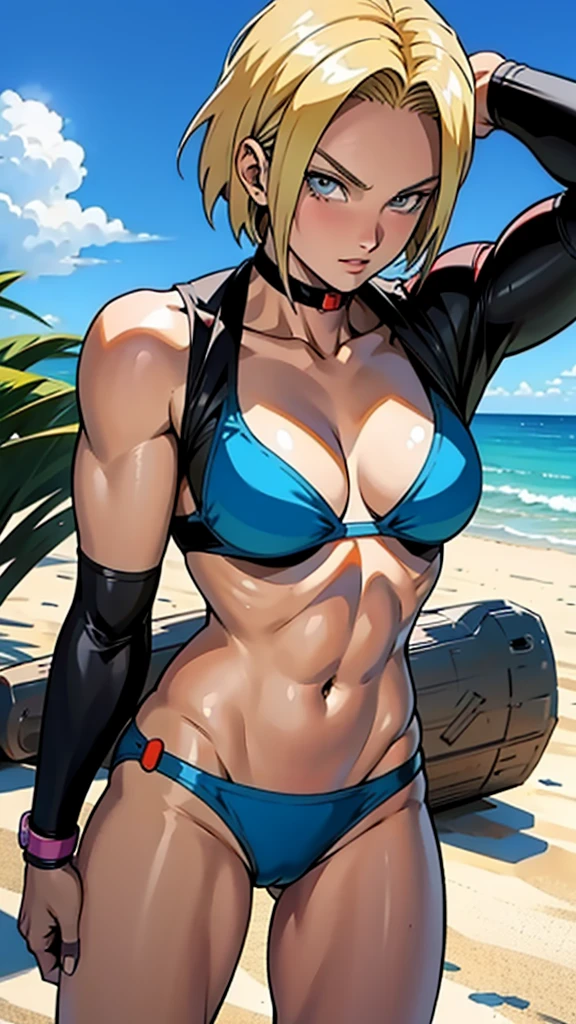 アニメ cel-shading (Android 18), bikini, on the beach in ((anime + manga + comics + cartoon) style) 