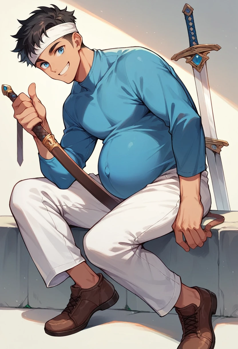 pregnant cool boy with short black hair, blue eyes, white headband on his forehead, blue shirt, white pants, brown shoes with a sword on his right hand, smile