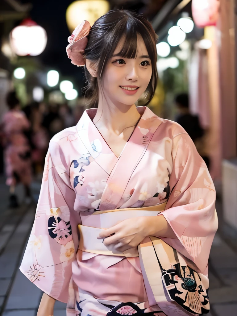raw photo, 8k, (top-quality), Realistic, (real picture, Intricate details), (natural skin texture, detailed skin, hyper realism, sharpness), (pale skin:1.5), Japanese age girl walking in shopping street at night, (sexy floral pink yukata:1.5), slender body, bun hairstyle, shy smile, exposing cleavage, blunt bangs, night time