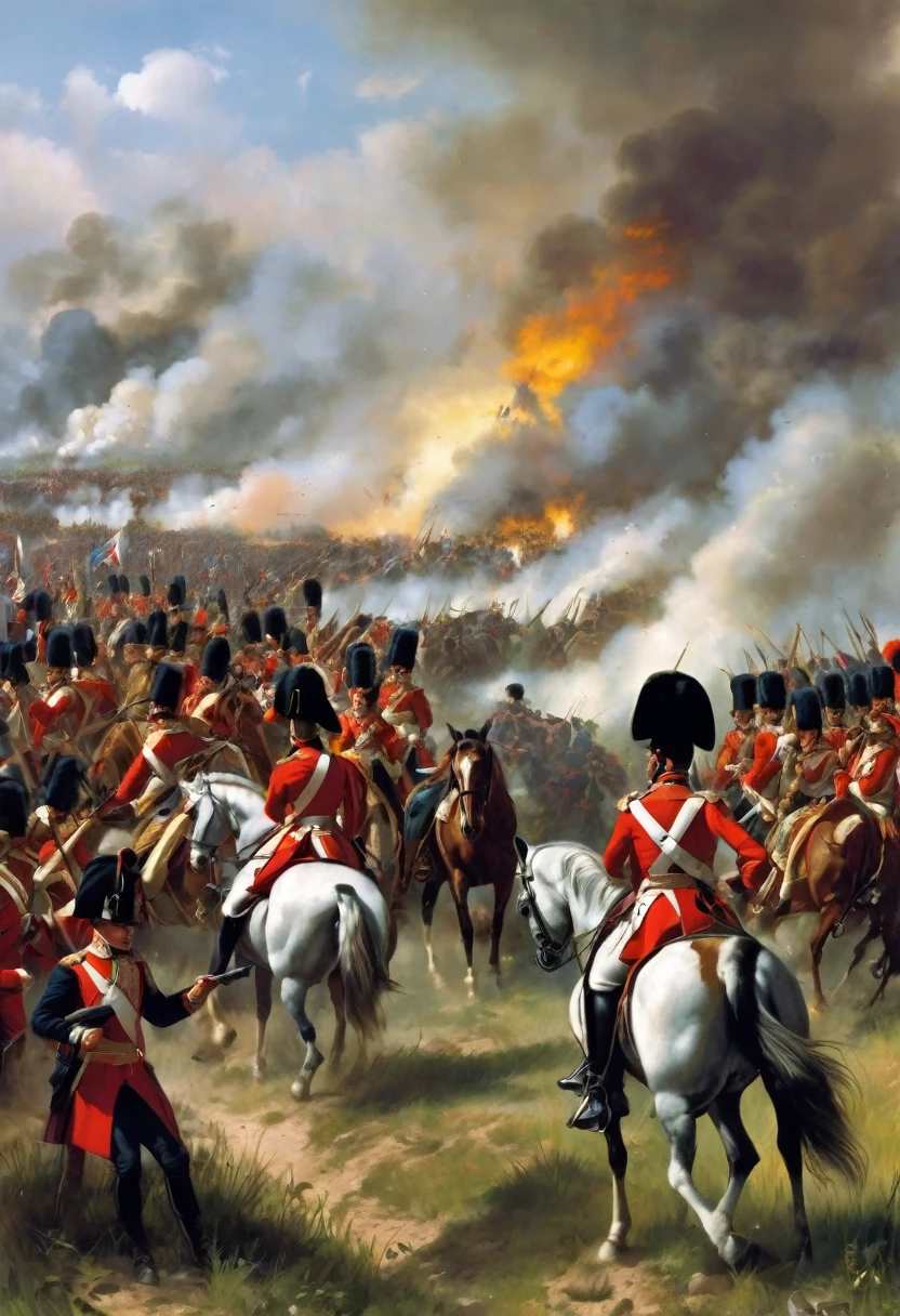 Create a representative image of the Napoleonic Wars, highlighting a famous battle like Austerlitz, Waterloo, or the invasion of Russia. The main scene should include Napoleon Bonaparte leading his troops in the center of the image, with uniformed soldiers of the time in combat in the background. Add historical maps showing troop movements and flags of the countries involved, like France, Russia and England, to provide historical context. Use lighting and shadow effects to add depth and realism to the image. Insert the title “Napoleonic Wars” at the top of the image, together with the dates and locations of the battles depicted. Consider adding a brief description or caption to provide more context. To create this image, you can use tools like Canva for quick and easy creation with templates, Adobe Photoshop ou Illustrator para designs mais avançados, or GIMP as a free alternative to Photoshop. Use visual aids, like images of soldiers, campaign maps and battle paintings, to enrich the composition.