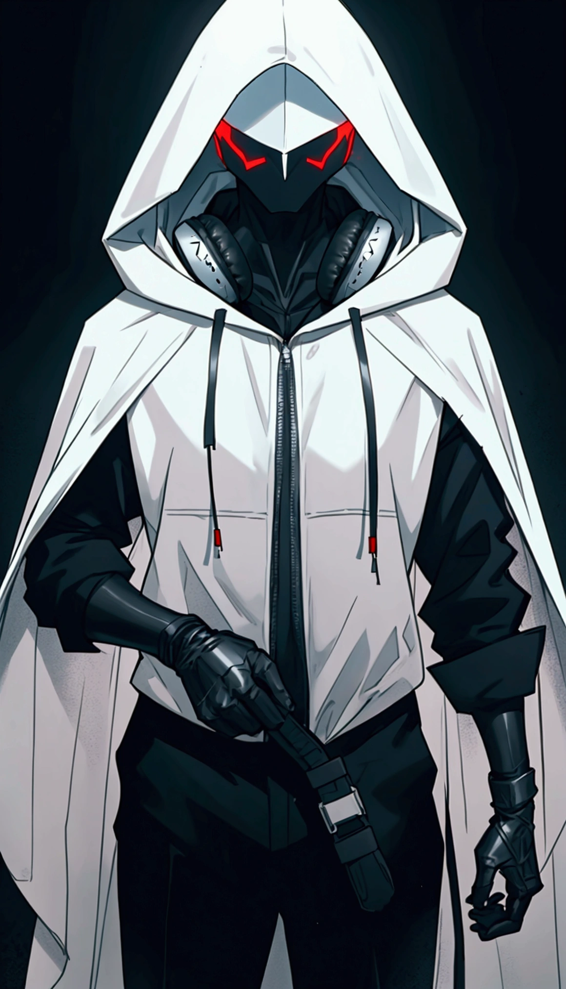 In a frontal pose, a mysterious man stands against a dark and mysterious background. His white hood and mask give him an air of secrecy., while your headphones suggest the music that keeps you company in this dark world. INFO
