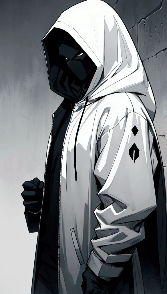 In a frontal pose, a mysterious man stands against a dark and mysterious background. His white hood and mask give him an air of secrecy., while your headphones suggest the music that keeps you company in this dark world. INFO