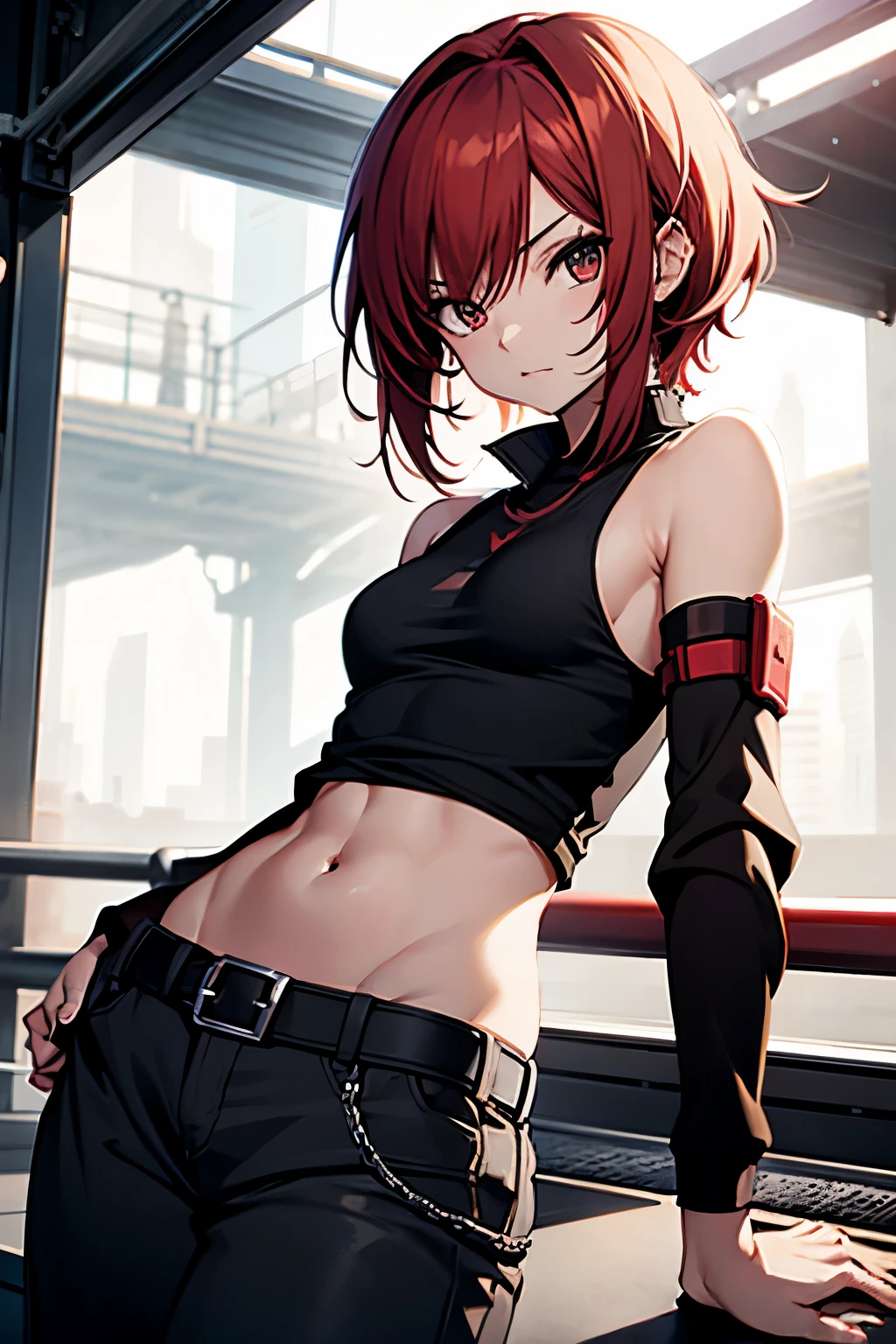 Anime Short red hair Boyish Small breasts Black tank top Navel-baring abs Girl Red long sleeves and pants