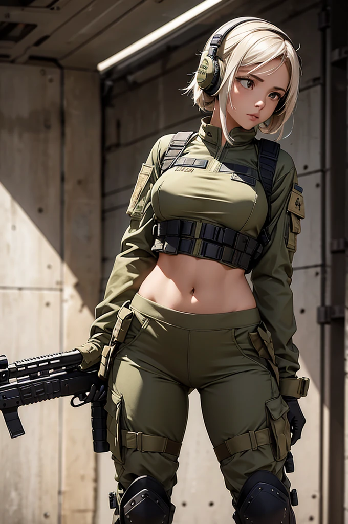 Woman in white holding a rifle and wearing headphones, 24 year old woman, young soldier, mechanized young soldier, Military Girl, beautiful female soldier, Female lead character, Military Girlราบ, Girl's sniper at war, solo female character, Future combat equipment, Half-body close-up, Woman wearing military bulletproof crop top, Show navel, Wear tactical equipment, Wear tactical armor., (realistic navel shape)