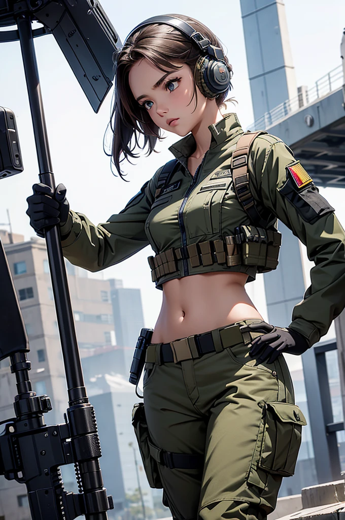 masterpiece , raw camera , super high quality , volumetric lighting, HDR, maximum resolution, Lovely , Lower body is underwear style , Call of Duty ゲームの服装スタイル , Common in-game characters ,  The upper body has a camouflage pattern and a sexy outfit , muscular woman with huge hips , thin belt and scarf , all very detailed, sexy standing, green eyes, moist lips, whole body, war scene background , 8k,The lower half of the body is pure white panties