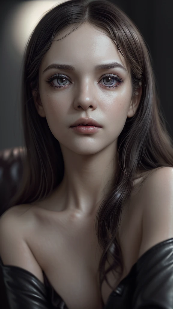 ((photoshotrrealista)), photoshot, 32 mil, dr, (ultra detailed face and eyes: 1.3), (cinematic shot). slender 25 year old girl, (eye make up, mascara, long eyelashes), (detailed full lips), with some very subtle expression marks on the skin,(Wavy dark hair), (detailedeyes:1.1), (ultra detailed leather: 1.3). Full length, sitting not sofa. in a dark room, (poor lighting) , ((Shallow depth of field, bokeh)). Warm frame atmosphere, Blurred dark background, (((granularity))), blossom, sheen, ultra detail.