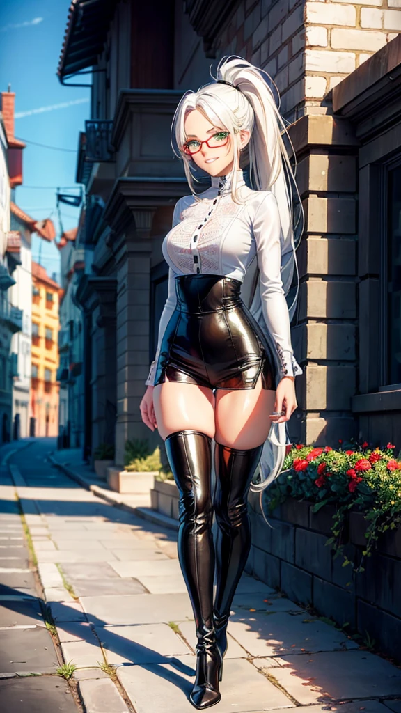 ((Woman with tattoo on chest)), girl, ((long white hair with bangs,,, Black strands of hair)), Purple eyes, White T-shirt and white cape, Pendant around the neck. 超High resolution.Realistic. 超High resolution.Realistic:1.4,超High resolution. Realistic,High resolutionで, masterpiece, Highest quality, Very detailed, Better Shadows, Volumetric lighting), super high quality, High resolution, 8k, Ultra-Realistic Portraits , Realistic, Dynamic Lighting, Volumetric lighting, Very detailed顔,(Browsing Caution:1.0), Full Body Stand Posture, Thin legs, ((Large Breasts)), Detailed facial details, Natural and beautiful standing posture,