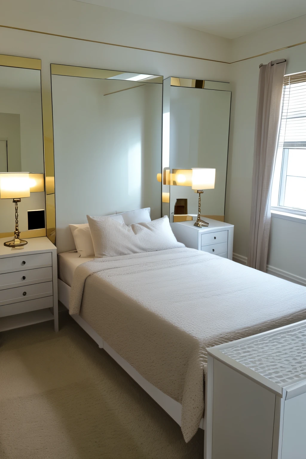 Realistic empty room with a mirror and a bed