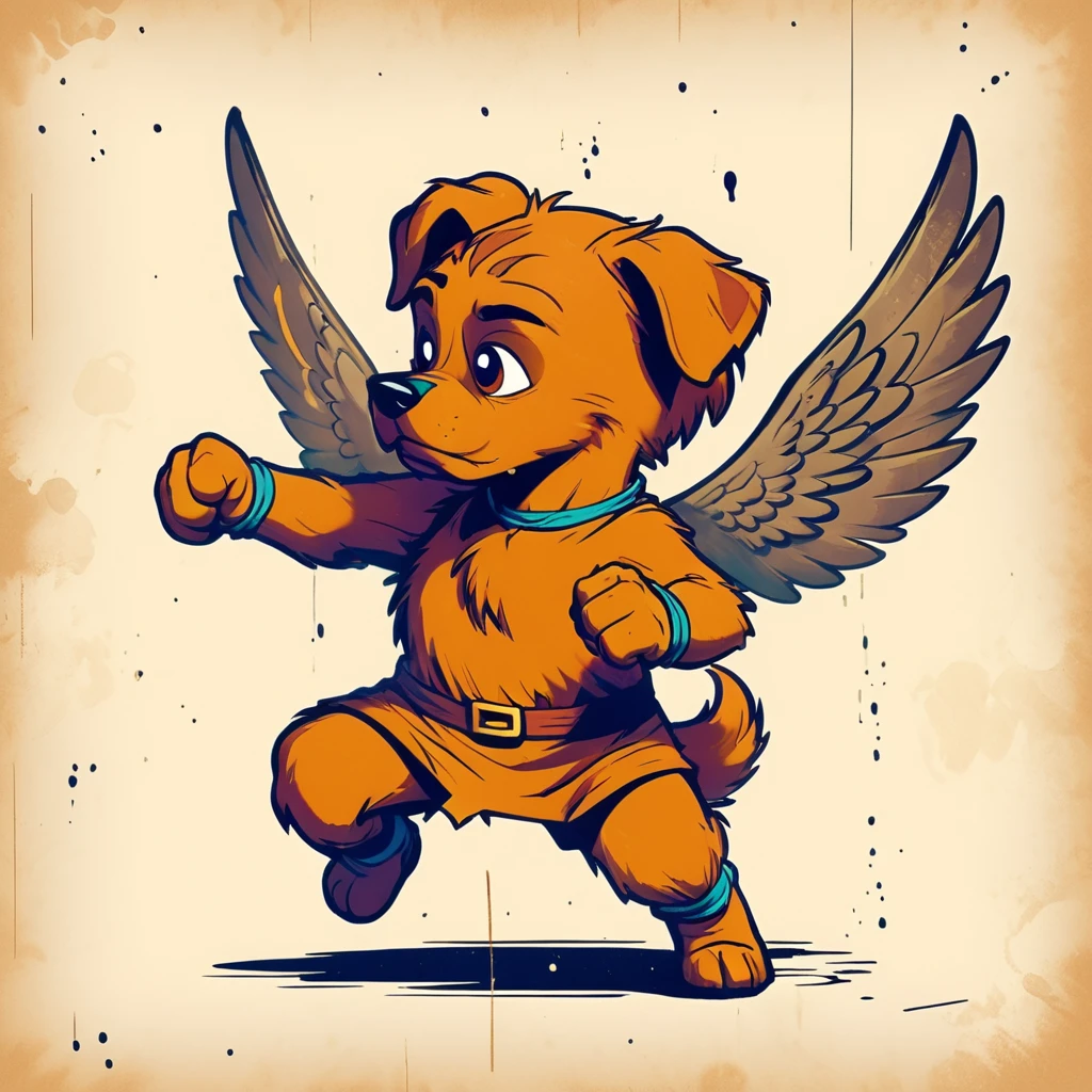 1960s design, vintage retro scrappy doo,  screen grab Scooby Doo TV show, solid color design, 1960's Scooby Doo color style, expressive sketch bold ink lines, upright fists up to box, fighting stance, splash page comic, distinct scrappy doo design and iconic resemblance to the character scrappy doo, alone solo Scrappy Doo, flying, with wings, winged scrappy doo, ornate detailed feathers on wings, clearly scrappy doo, short small dog Scooby Doo distinct to original cartoon,  scene is minimal, serene, perfect, strange, candid, cinematic, surreal, and timeless. The style is a mix of realism and cartoon, with 90s comic aesthetics, expressive ink work, cinematic compositions, and nuanced details. The style is reminiscent of Joelle Jones and 90's scooby doo animated tv show,  scooby doo distinct art style,
