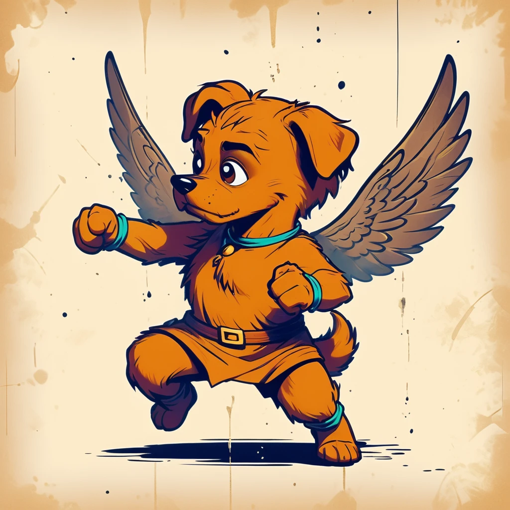 1960s design, vintage retro scrappy doo, screen grab Scooby Doo TV show, solid color design, 1960's Scooby Doo color style, expressive sketch bold ink lines, upright fists up to box, fighting stance, splash page comic, distinct scrappy doo design and iconic resemblance to the character scrappy doo, alone solo Scrappy Doo, flying, with wings, winged scrappy doo, ornate detailed feathers on wings, clearly scrappy doo, short small dog Scooby Doo distinct to original cartoon, scene is minimal, serene, perfect, strange, candid, cinematic, surreal, and timeless. The style is a mix of realism and cartoon, with 90s comic aesthetics, expressive ink work, cinematic compositions, and nuanced details. The style is reminiscent of Joelle Jones and 90's scooby doo animated tv show, scooby doo distinct art style,